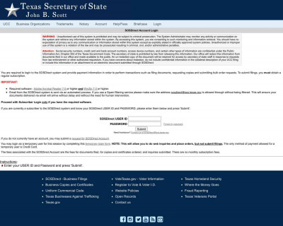 Web Subscription Setup - SOS Direct - Texas Secretary of State Web Subscription Setup - SOS Direct - Texas Secretary of State