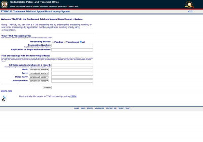 USPTO TTABVUE. Trademark Trial and Appeal Board Inquiry System USPTO TTABVUE. Trademark Trial and Appeal Board Inquiry System