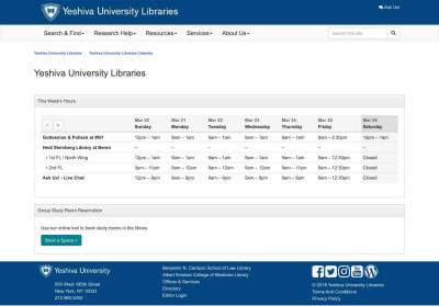 Opening Hours - Yeshiva University Libraries Calendar Opening Hours - Yeshiva University Libraries Calendar