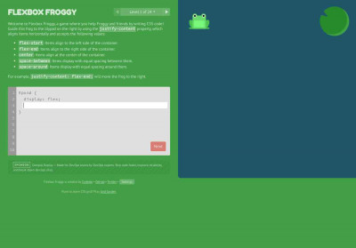 Flexbox Froggy - A game for learning CSS flexbox Flexbox Froggy - A game for learning CSS flexbox